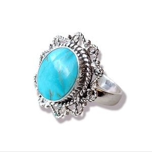 Genuine Turquoise 925 Sterling Silver Flower Chunky Statement Ring, 6